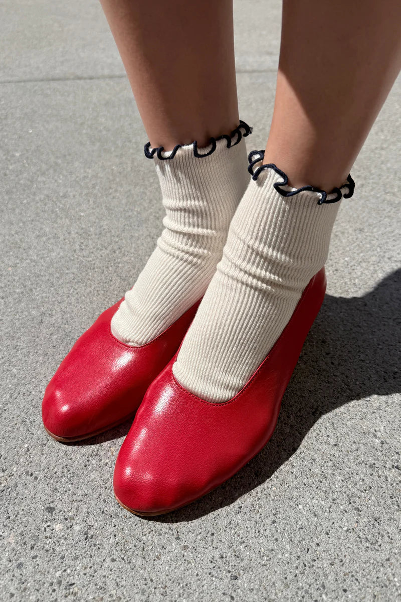 Le Bon Shoppe - The Petite Ruffled Hugger Crew Socks | Soft White/Navy