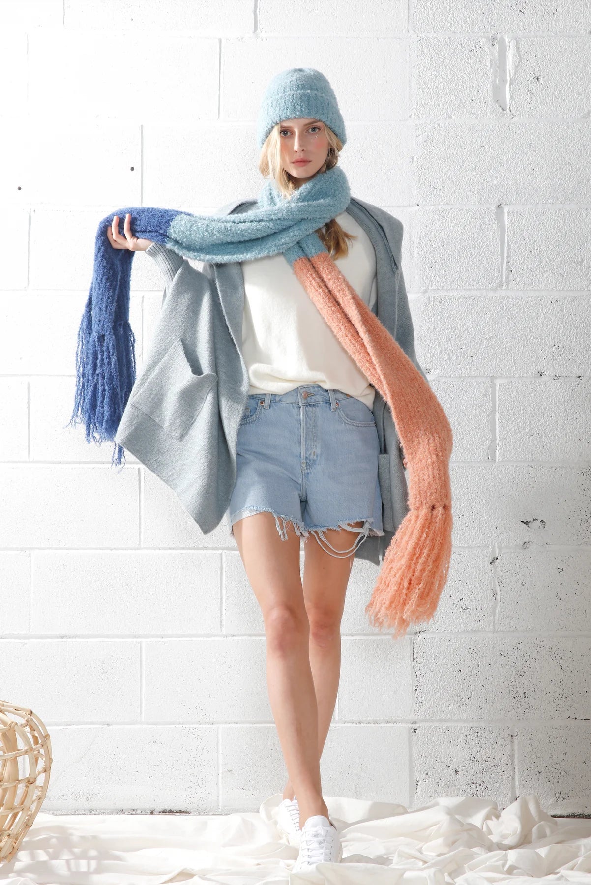 Fuzzy Color Block Scarf | Mint