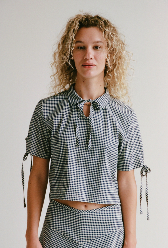 RAT BOI - Tie Polo Top - Navy Gingham