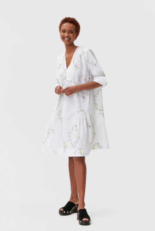 Ganni Tiered Floral-Print Organic Cotton Poplin Mini Dress (L/42)