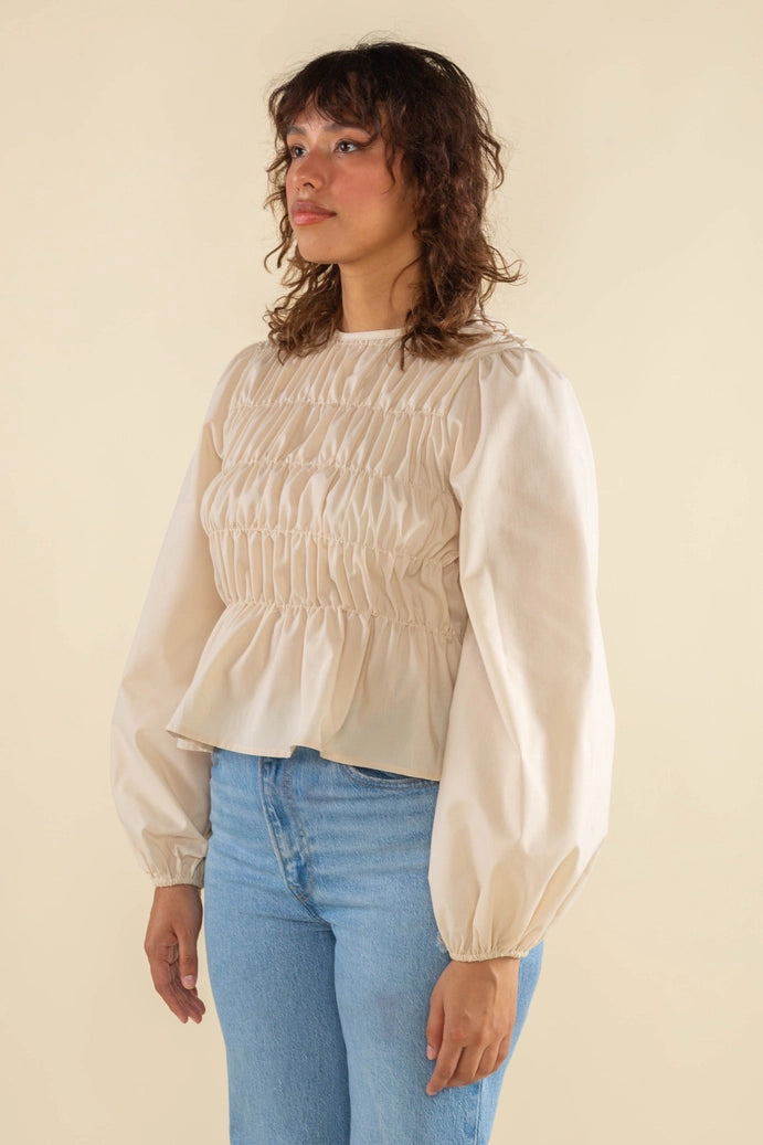 NLT - Marisol Bubble Sleeve Shirred Top | Neutral