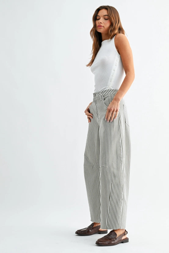 Just Black Denim - Barrel Jean with Seams | Olive Stripe