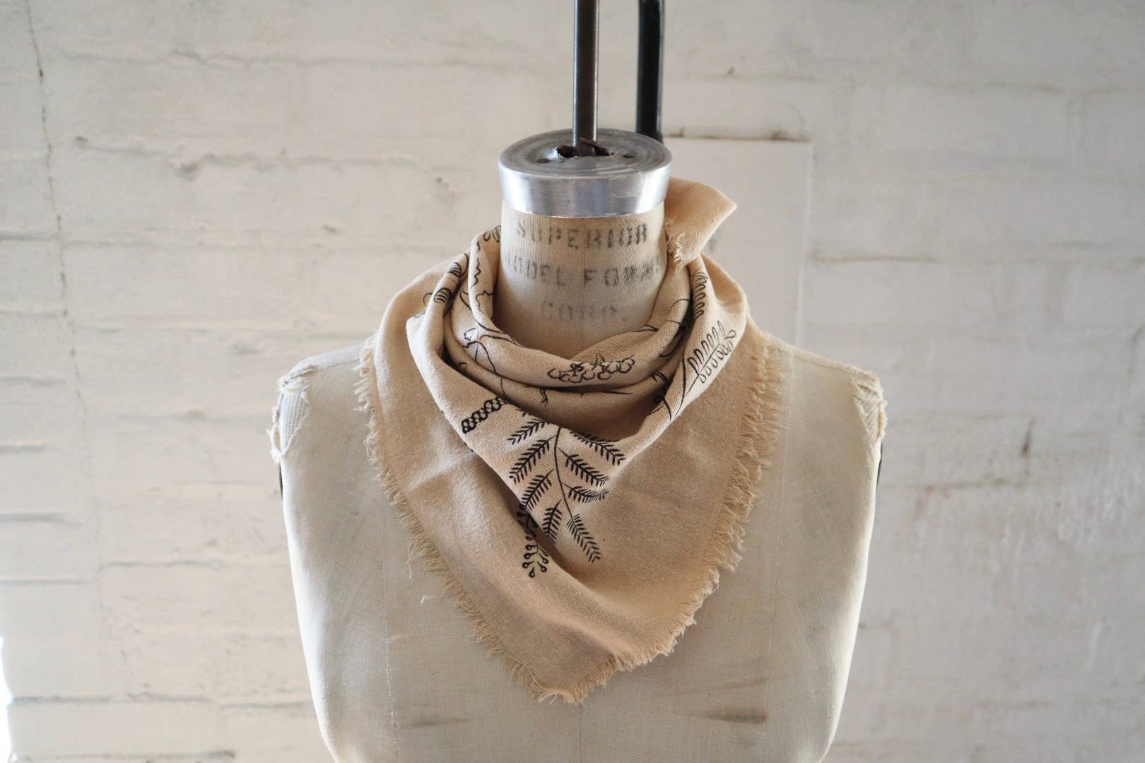 Eco Raw Studio - Botanical Print Naturally Raw Silk Bandana | Oatmeal with Black Ink