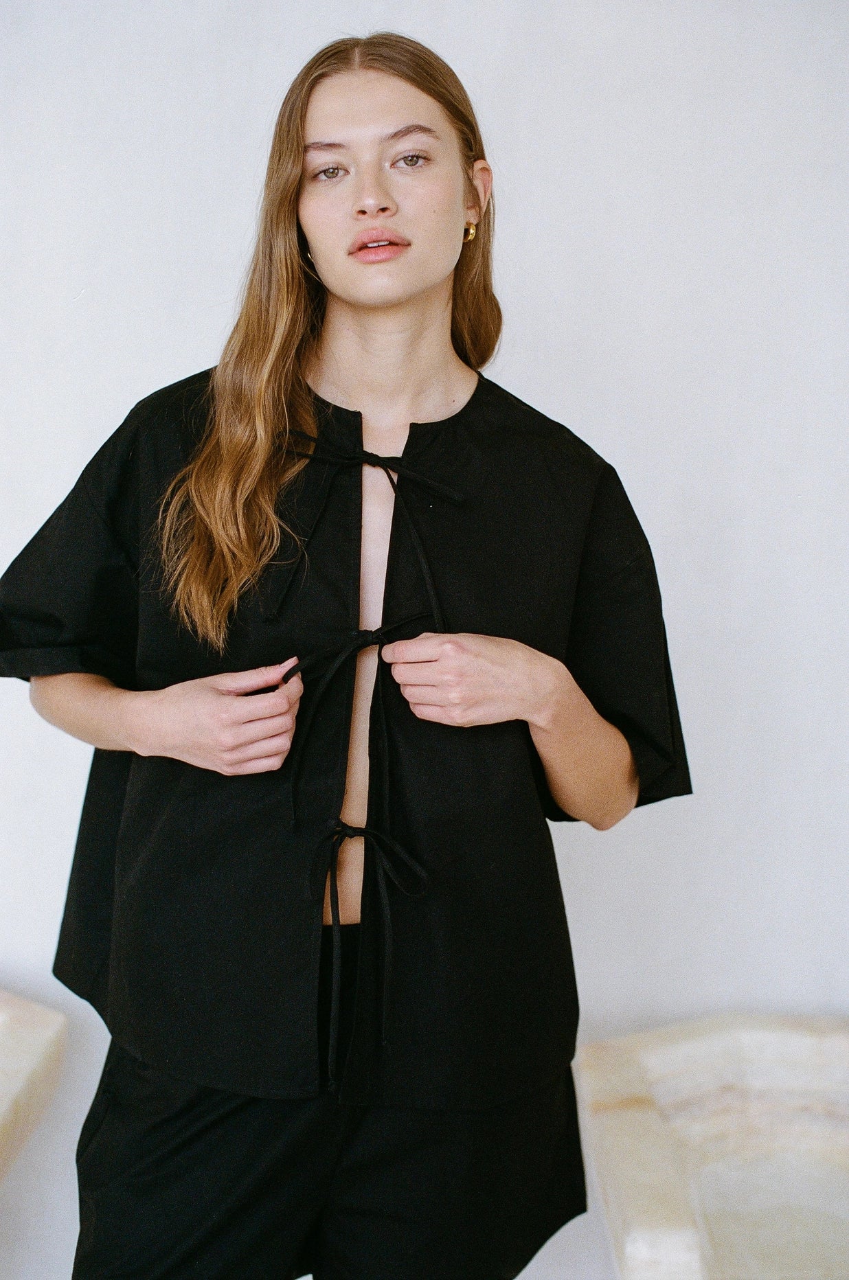 a.ren - Cotton Front Tie Top | Black