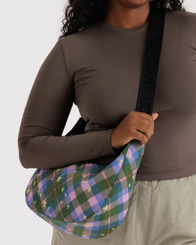 Baggu - Medium Nylon Crescent Bag | Green Star Plaid