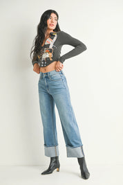 Just Black Denim - Petite Cuffed Slim Wide Denim | Medium Denim