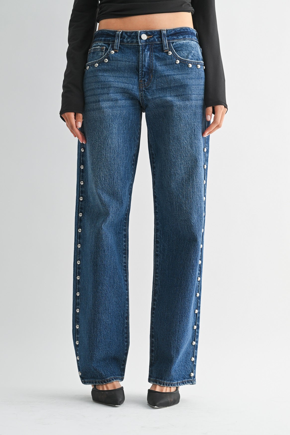 Just Black Denim - Low Rise Studded Baggy Jean | Dark Denim