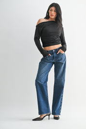 Just Black Denim - Low Rise Studded Baggy Jean | Dark Denim