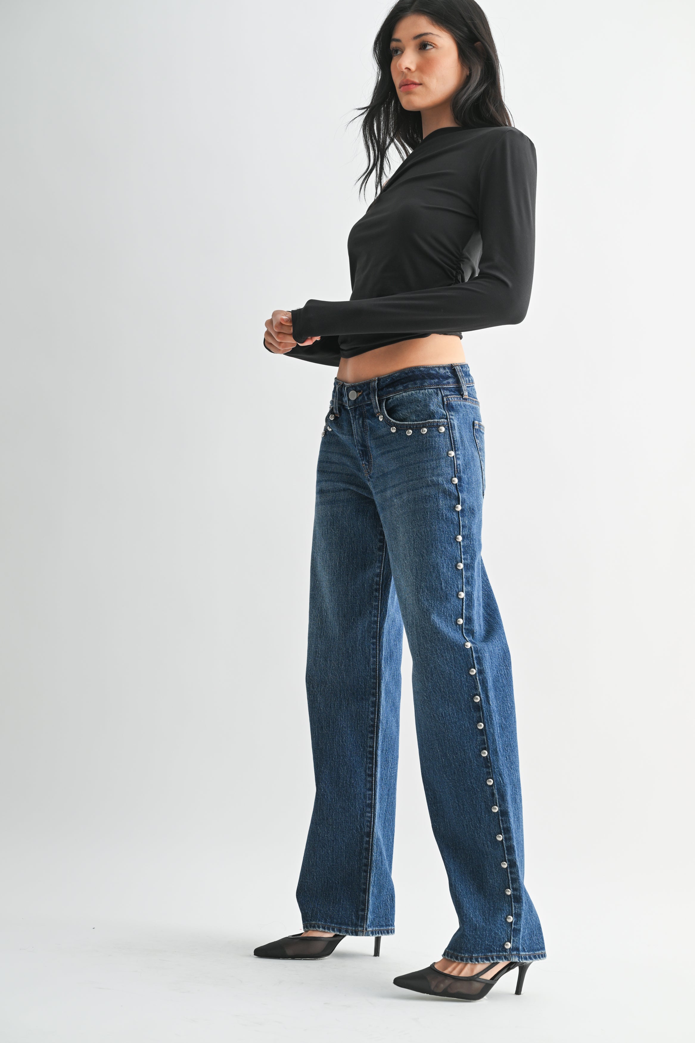 Just Black Denim - Low Rise Studded Baggy Jean | Dark Denim