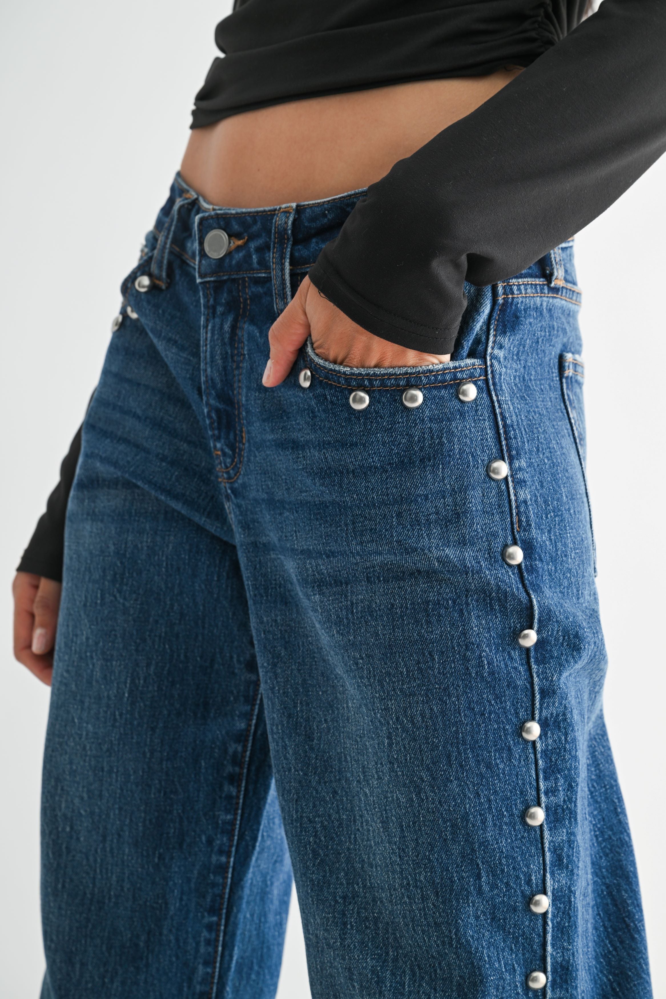 Just Black Denim - Low Rise Studded Baggy Jean | Dark Denim