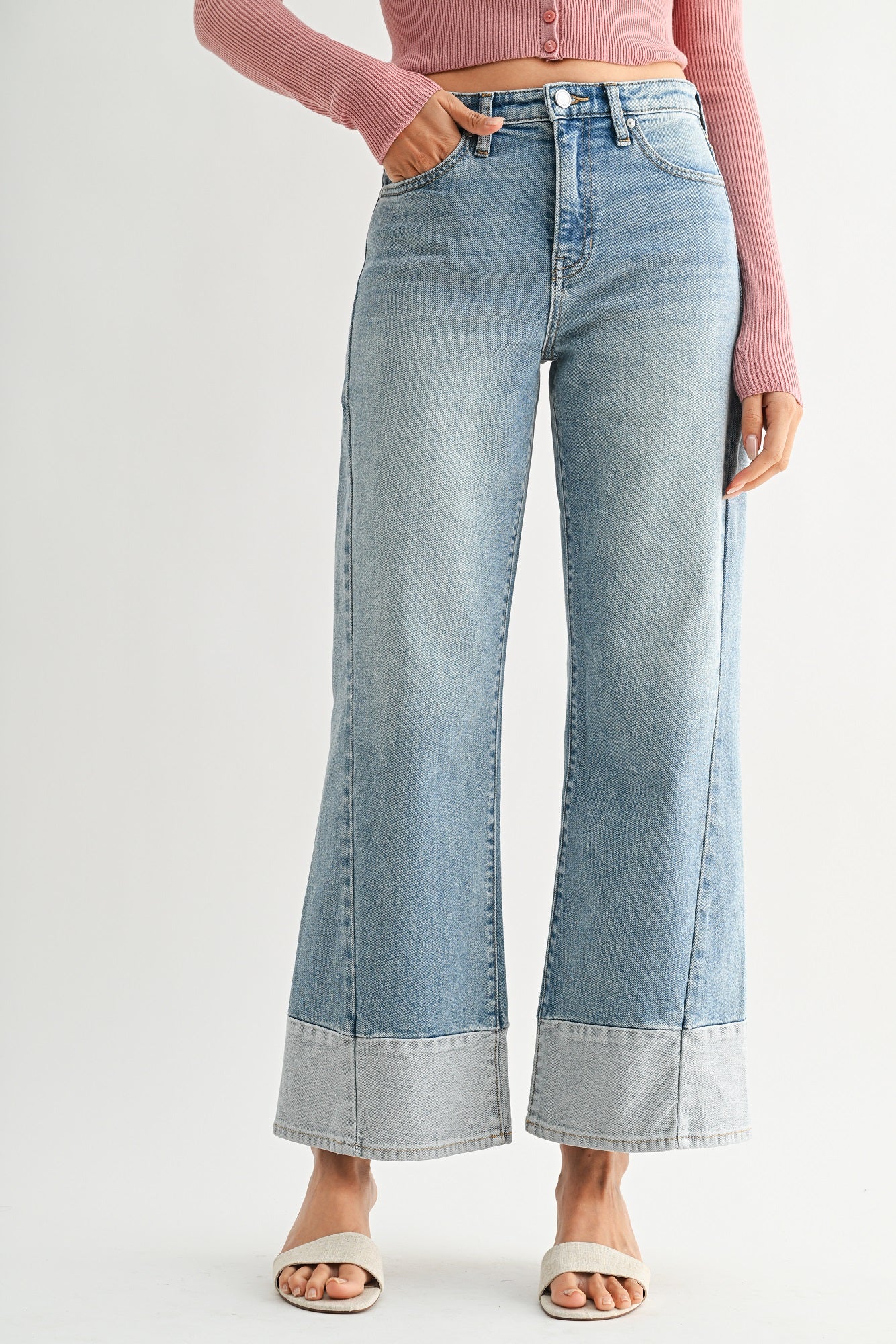 Just Black Denim - Two Toned Hem Seamed Slim Wide Leg | Light Denim