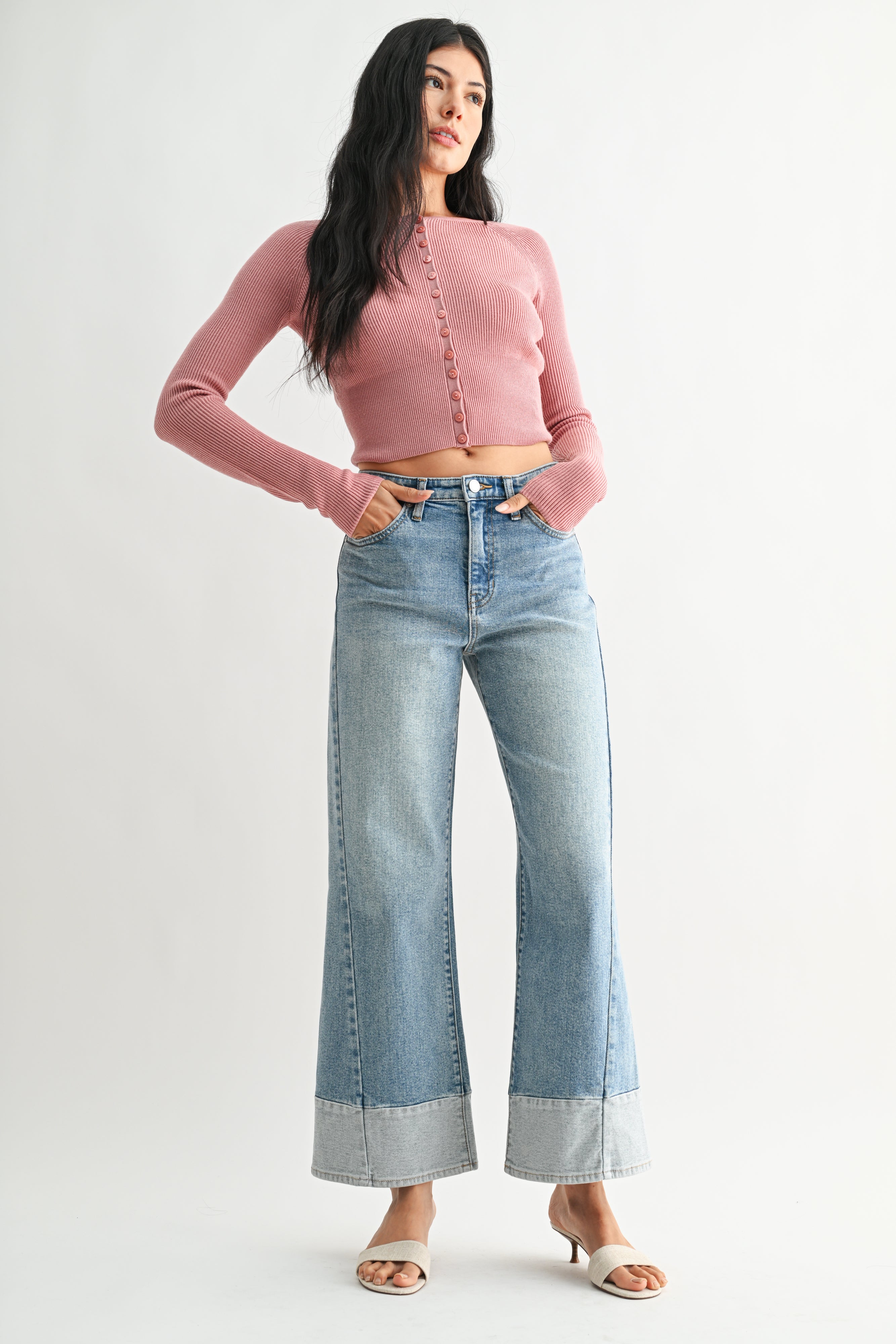 Just Black Denim - Two Toned Hem Seamed Slim Wide Leg | Light Denim