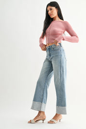 Just Black Denim - Two Toned Hem Seamed Slim Wide Leg | Light Denim