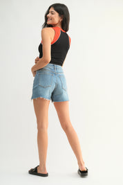 Just Black Denim - Stretch Cut Off Fray Short | Medium Denim