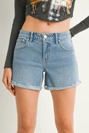 Just Black Denim - Mid Rise Fray Cuffed Jean Shorts | Light Denim