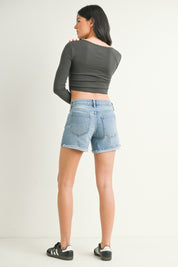 Just Black Denim - Mid Rise Fray Cuffed Jean Shorts | Light Denim