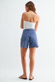 Just Black Denim - Lightweight Tie Waist Short | Navy Stripe