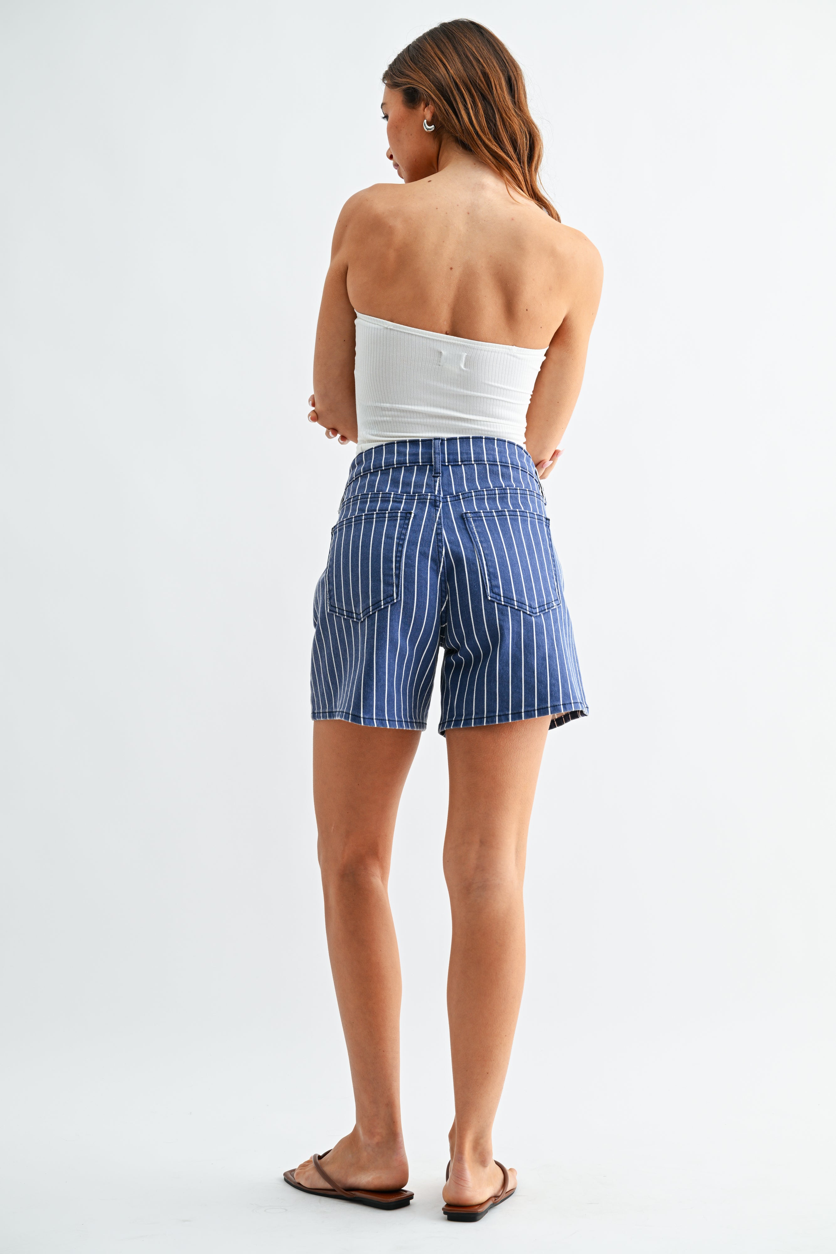 Just Black Denim - Lightweight Tie Waist Short | Navy Stripe