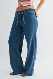 Just Black Denim - Lightweight Linen Drawstring Wide Leg | Medium Denim